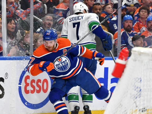 Canucks' Soucy, Zadorov cross-check McDavid after horn