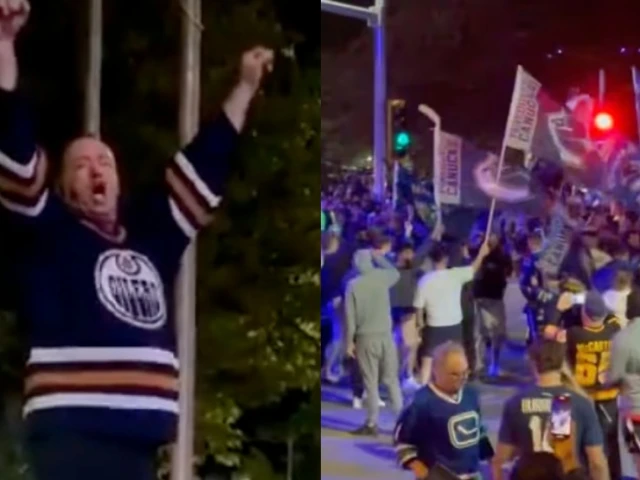 Lone Oilers fan celebrated at popular Canucks playoff party road after big win