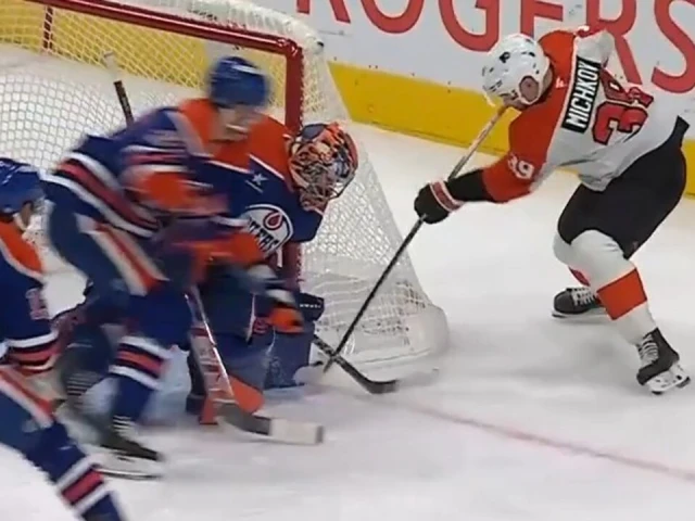 Flyers’ Michkov wacks in first NHL goal, stands up after lengthy review