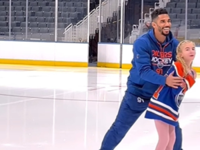 Oilers' Kane hits the ice with good friend Cecily at Rogers Place