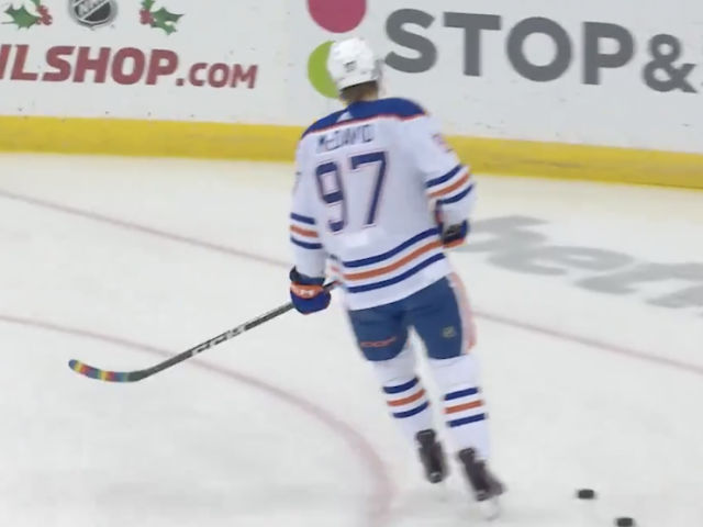 Connor McDavid sports Pride Tape during Oilers warmups