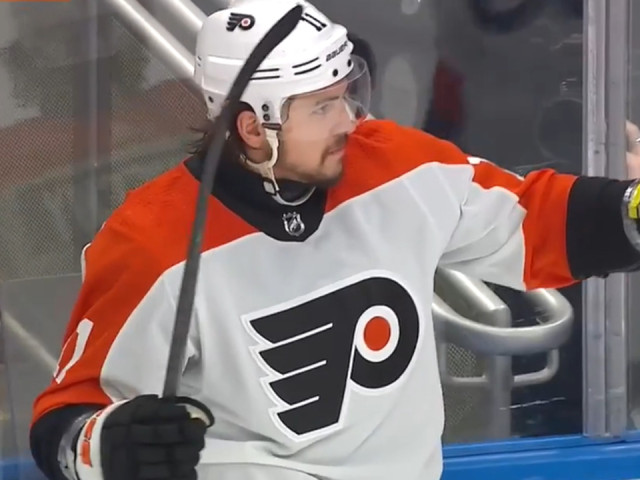 Flyers’ Konecny roofs it top cheese off a chip pass from Farabee