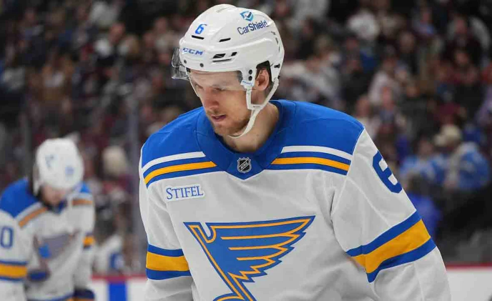 Blues’ Phillip Broberg suffers upper-body injury vs. Golden Knights